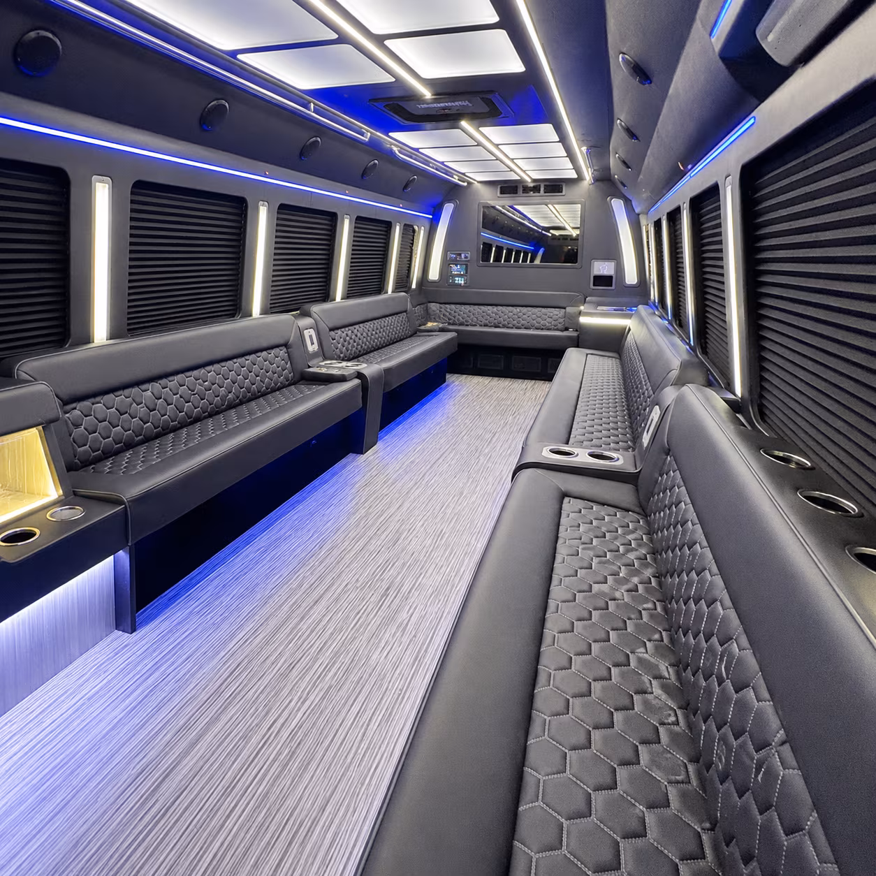 Wedding guests seated inside a party bus serving Tucson