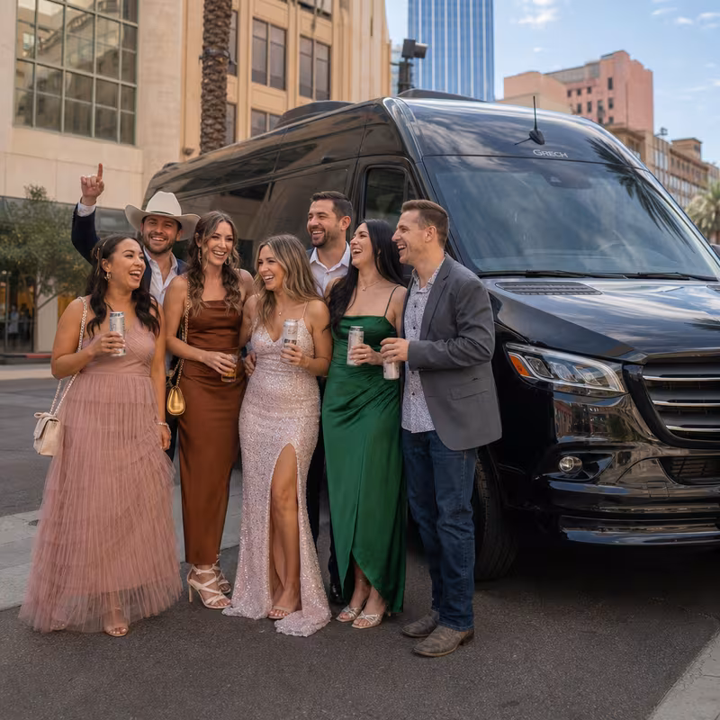 Group boarding a white charter bus for Bachelor & Bachelorette Transportation transportation in Tucson