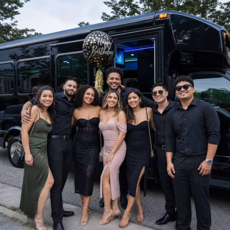 Group boarding a white charter bus for Birthday Transportation transportation in Tucson