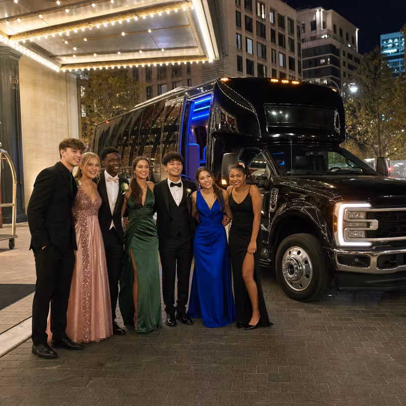 Party bus interior with wraparound leather seating and LED lighting in Tucson