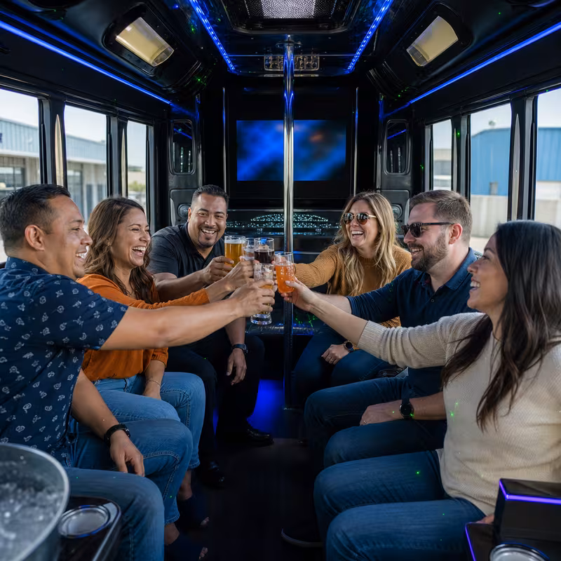 Group boarding a white charter bus for Winery & Brewery Tour Transportation transportation in Tucson